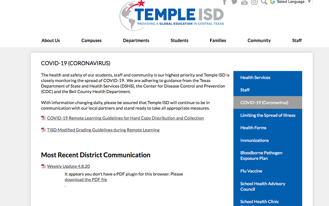 Temple ISD COVID-19 Webpage