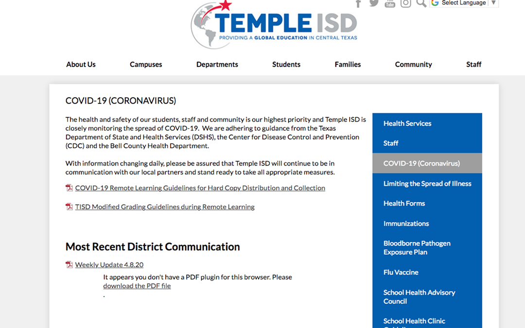 Temple ISD COVID19 Webpage Texas Association of School Administrators